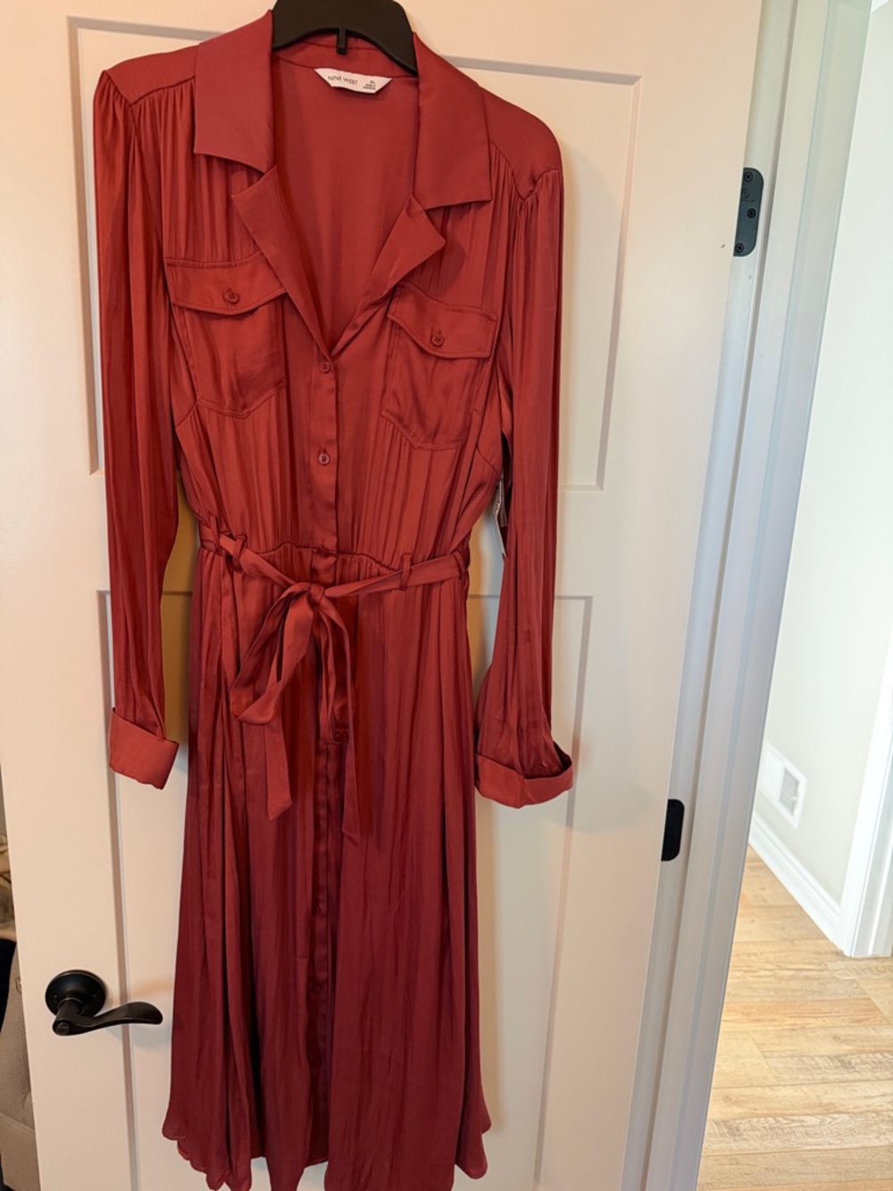 Nine West Pink Long-Sleeve Button-Up Shirt Dress with Tie Waist